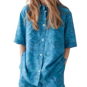 & Other Stories Blue Wavy Printed Short Sleeve Boxy Button Up Shirt Size XS